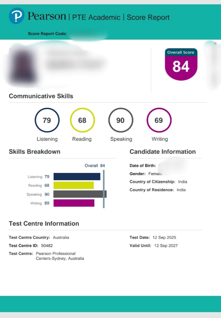 PTE Score Card - Student 2