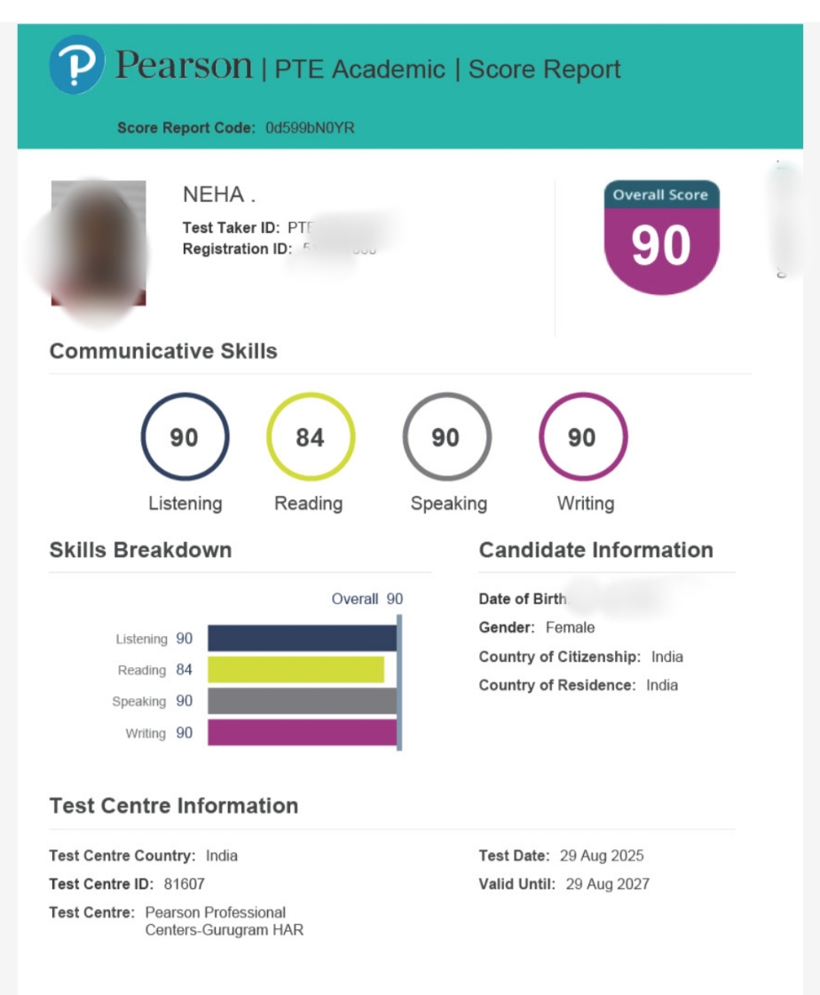 PTE Score Card - Student 1